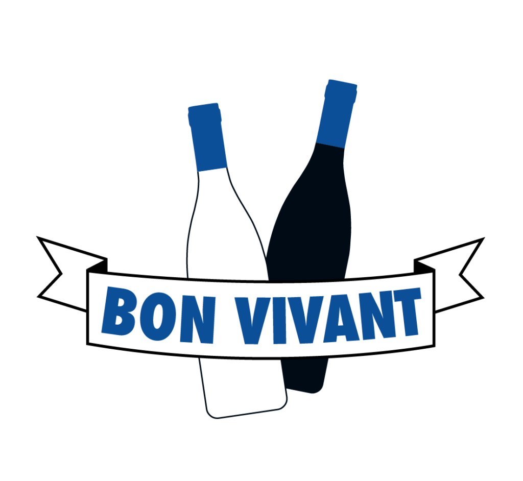 Logo coffret vin "bon vivant", deux bouteilles avec une bannière bleu